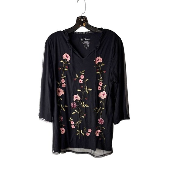 Chico's Women's Bohemian Embroidered Floral Black V-Neck Top Size 1/M - Picture 1 of 6